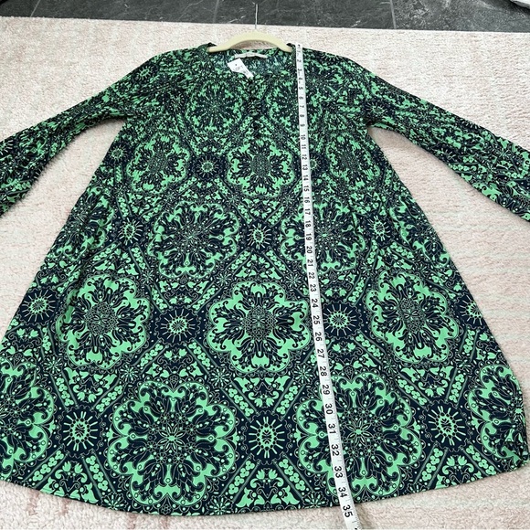 NWT LOFT Green Navy Long Sleeve Dress Knee Length Plisse Pleat Puff Sleeve Small - Picture 10 of 13